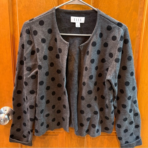 Elle Sweaters - Elle Women’s Charcoal Gray Open-Front Cardigan With Black Polka Dots Size M